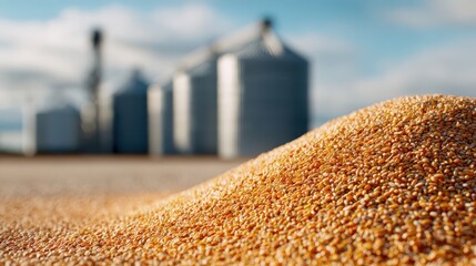 Close-up of a pile of harvested wheat grain with blurred farm silos in the background