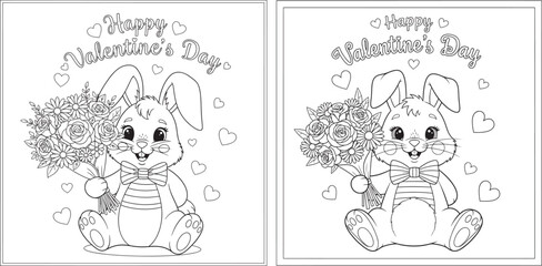 Fototapeta premium Adorable coloring page featuring a cartoon bunny holding a flower bouquet with Happy Valentine's Day greeting.
