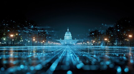 Futuristic digital visualization of the United States Capitol building at night with glowing blue data grid and circuit lines representing government technology and cybersecurity