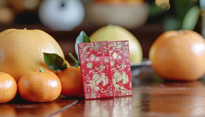 Red Envelopes and Fresh Citrus Fruits for Lunar New Year Celebration