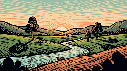 A serene landscape with a winding river and a setting sun.