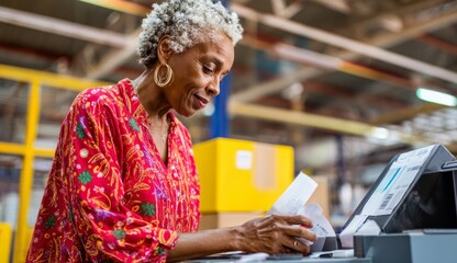 Senior woman processing order in a distribution warehouse