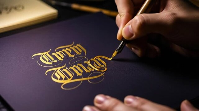 Close-up of a hand meticulously crafting ornate golden calligraphy on a dark surface, showcasing artistic skill and precision.