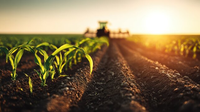Young corn plants in a farm field at golden hour with a blurred tractor working in the background
