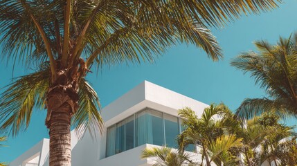 Modern white luxury villa with large glass windows surrounded by tropical palm trees under a clear blue sky