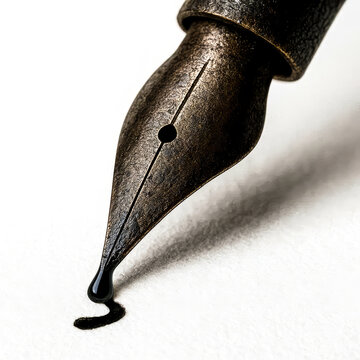 Macro Close Up of Fountain Pen Nib with Black Ink Drop