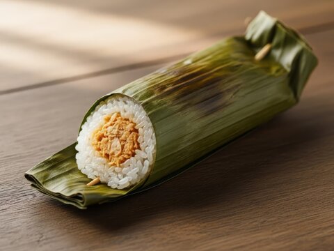 Traditional Indonesian lemper made of glutinous rice filled with seasoned chicken and wrapped in banana leaves. Popular Javanese snack and street food.