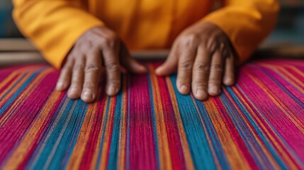 A close-up of hands gently working on a vibrant, striped textile, showcasing intricate craftsmanship and colorful threads.