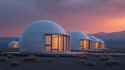 Modern dome-shaped structures stand in a serene landscape, illuminated by warm light against a dramatic sunset backdrop.