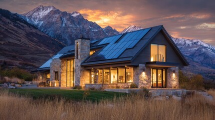Modern luxury eco-friendly mountain house with solar panels on roof at sunset, sustainable architecture in a scenic alpine landscape.