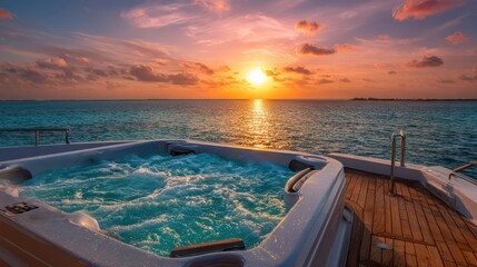 Luxury hot tub on a yacht deck overlooking a tropical sunset at sea