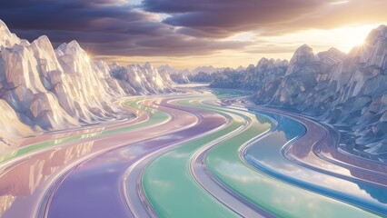 Crystal liquid valley with glossy pastel color flows, cinematic reflections