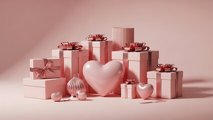 A collection of gift boxes and hearts arranged in a decorative display on a soft pink background