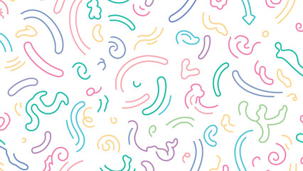 Colorful abstract lines and shapes create a playful, whimsical background pattern