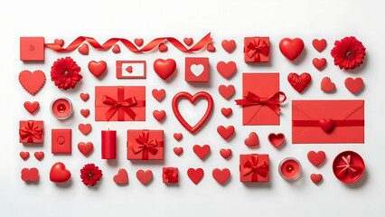 Collection of red gift boxes, hearts, and flowers arranged on a white background for Valentine's Day celebration