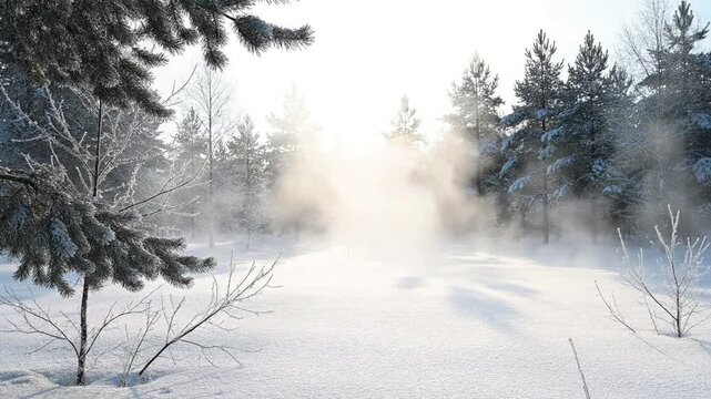 Macro Frost Detail Close-up shot of delicate frost crystals sparkling on bare tree branches or evergreen needles, with the frosty haze as a soft background.