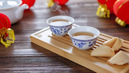 Steaming traditional Chinese tea cups with fortune cookies on a bamboo tray
