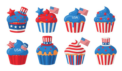 4th of July cupcakes with patriotic decorations flat cartoon dessert vector set isolated on transparent background