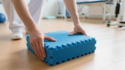 Physical therapy. Balance exercise equipment for fall prevention rehabilitation treatment with foam pad improves physical therapy stability strength hands adjusting blue foam pad wooden floor