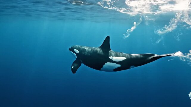 Orca Whale Swimming Gracefully Underwater in Deep Blue Ocean