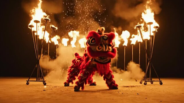 A dynamic red chinese lion dancer performs intensely on a dark stage, framed by multiple flaming torches in a dramatic, cinematic style.