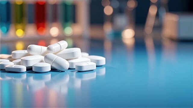 Pile of white oblong pills on blue table with colorful test tubes behind