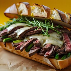 Gourmet Steak Baguette Sandwich with Melted Cheese Close Up