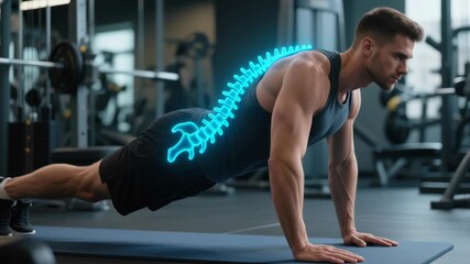 Physical therapy. Man exercising gym digital spine illustration showing balance fall prevention rehabilitation treatment muscular performing plank exercise mat glowing spine highlighting proper - Powered by Adobe