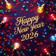 Happy New Year 2026 Golden Cursive Text with Colorful Confetti and Festive Lights on Dark Purple Background