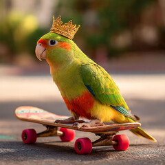 A Princess Parrot on a Skateboard, in Outdoors, Stock Photo, Photography
