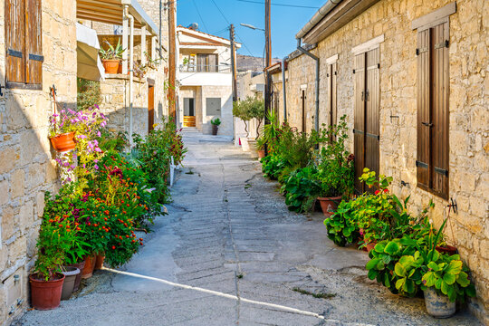 Potted plants line both sides of a narrow street in the medieval mountain village of Omodos, near Limassol on the Mediterranean island of Cyprus.