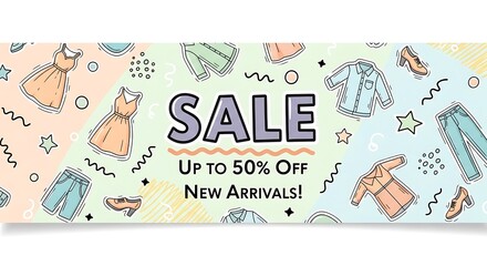 Obraz premium Sale banner with colorful clothing illustrations.