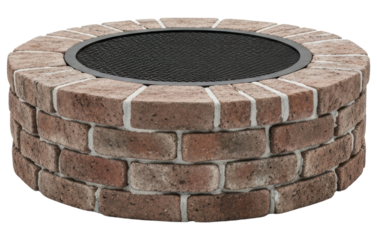 Round brick fire pit with black metal mesh grate for outdoor patio on a transparent background