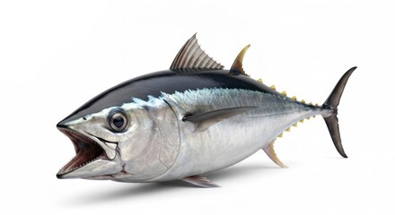 Open-mouthed Tuna fish; dark back, silver belly, yellow fins, isolated
