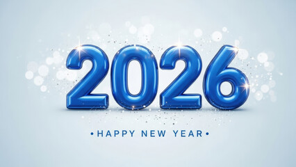 Happy new year 2026 celebration banner with glossy blue 3d numbers and glowing bokeh lights over soft grey background for holiday greeting card design