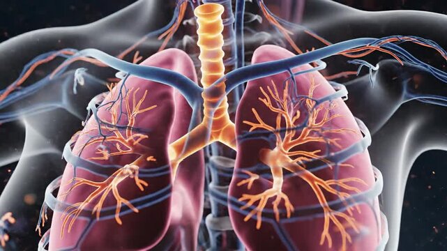 Medical illustration of human lungs and respiratory system anatomy