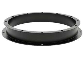 Black metal circular flange ring with holes for pipe connection on a transparent background