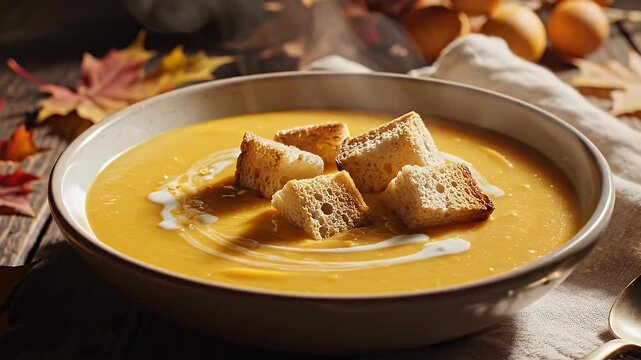 Bowl of creamy butternut squash soup with croutons
