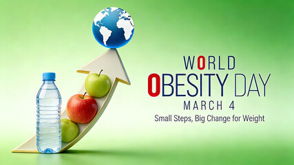 The combination of arrow fruit and vegetable elements interprets the concept of "small steps, big changes" for World Obesity Day, and is suitable for promoting health action materials.
