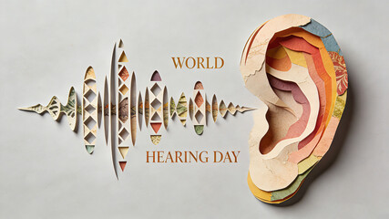 The combination of paper art ear shaped sound wave elements interprets the concept of "focusing on auditory health" on World Hearing Day, and is suitable for listening science popularization materials