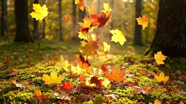 Forest Floor Dance Wide shot of a sun-dappled woodland path, where a spiral of fallen, multicolored autumn leaves is uplifted and twirled by an unseen force, re