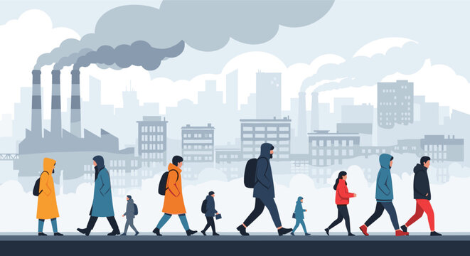 Group of people in warm coats walking through a polluted city with factory smoke stacks and smog in the background.