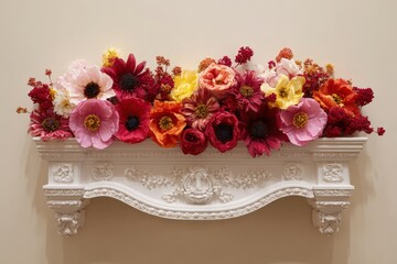 Vibrant assemblage of colorful paper flowers rests atop a detailed white decorative shelf