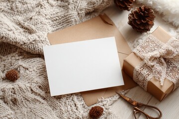 Fototapeta premium Cozy winter scene with blank greeting card, wrapped gift, knit blanket, and pinecones