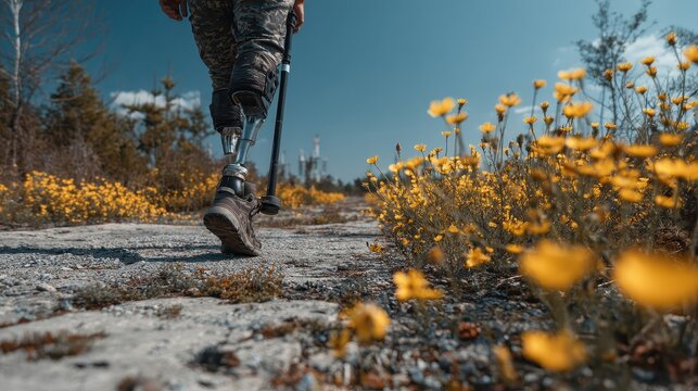 Man with prosthetic leg walks path with yellow flowers under a blue sky. Depicts overcoming adversity, resilience, and the beauty of nature.