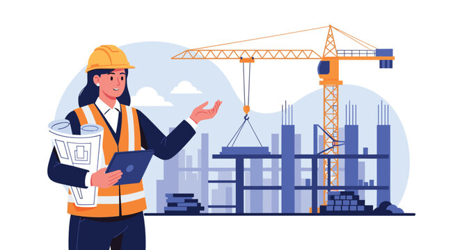 Professional female civil engineer in a safety vest and helmet holding a tablet and blueprints at a construction site.