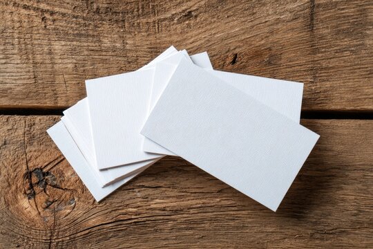 Stack of clean white blank business cards fanned out on a rustic wooden table