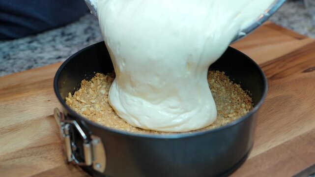 close up of person pouring creamy cheesecake batter onto a graham cracker crust in a springform pan