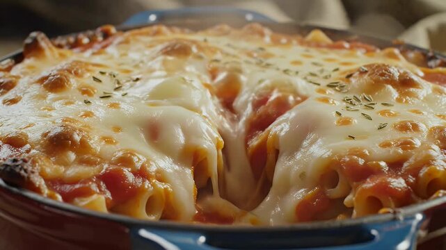 Bubbling baked ziti dish with melted cheese