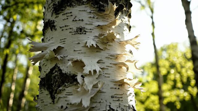 Close up of peeling birch tree bark with sunlight in the forest